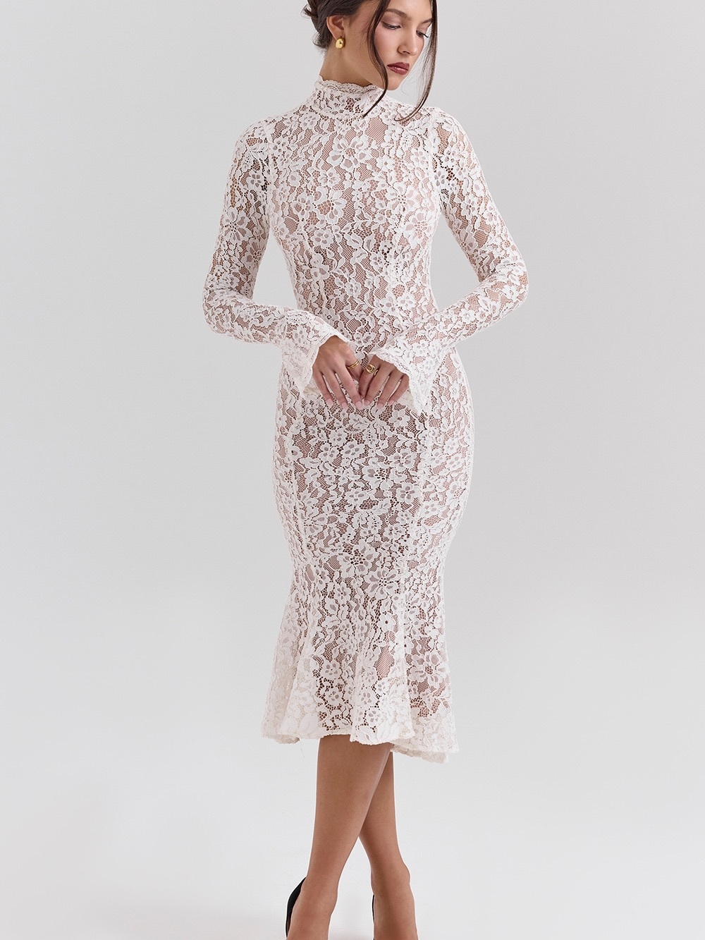 House of CB “Sophia” Vintage Ivory Lace Fitted Midi Dress